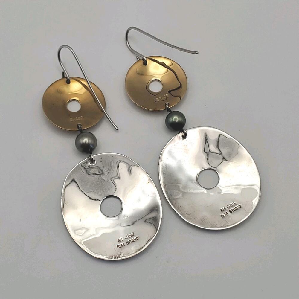 ROBERT LEE MORRIS RLM Studios Sterling Silver Brass Green Pearl Drop Earrings - Picture 2 of 5